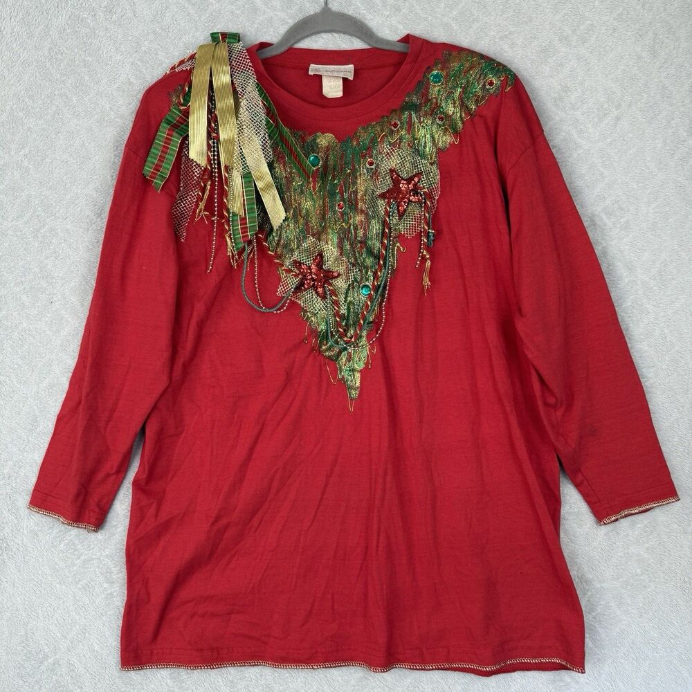 Vtg Puffy Paint Christmas Tree Shirt O/S L? 3D Bow Bead Sequin Funky Artsy 80s